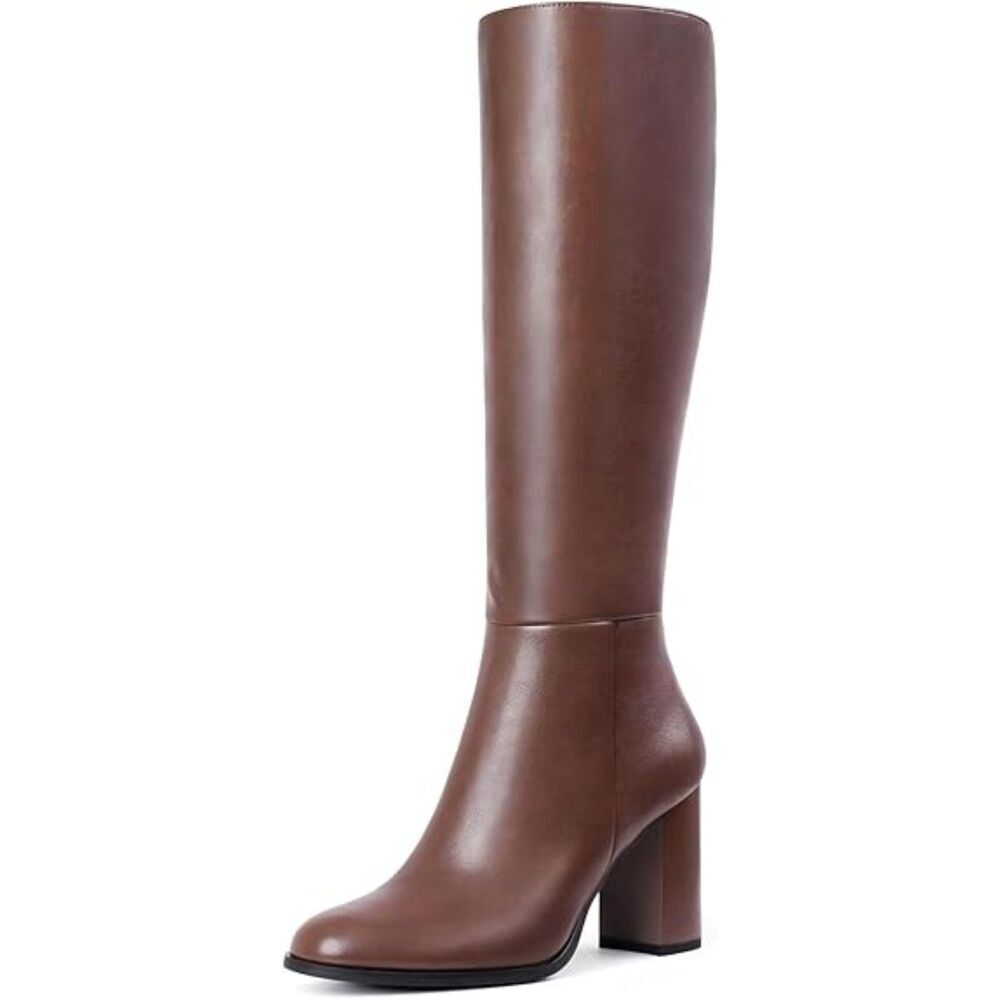 Women's Brown Round Toe Side Zip Chunky Heel Fashion Tall Knee High